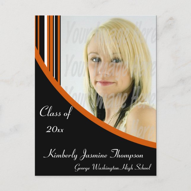 Orange and Black Mod Stripes Graduation Postcard (Front)