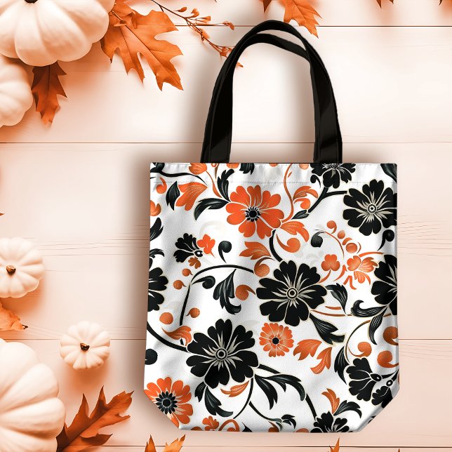 Orange and Black on White Fall Floral Tote Bag (Creator Uploaded)