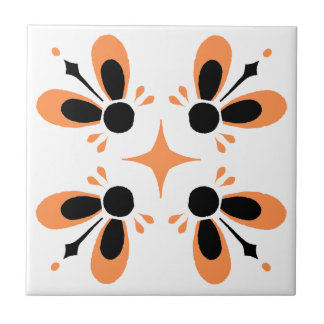 Orange and Black on White Intricate Floral pattern Tile
