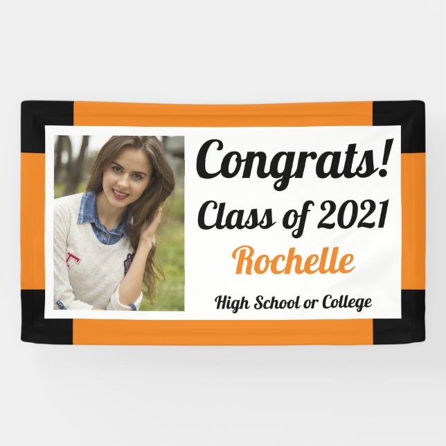 Orange and Black One Photo Class Year Graduation Banner (Horizontal)