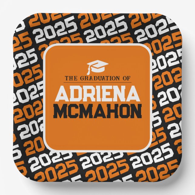 Orange and Black Personalized Graduation Paper Plate (Front)