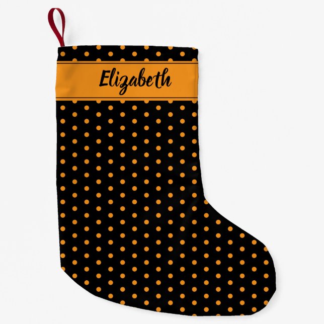 Orange and Black Polka Dots Personalized Custom Small Christmas Stocking (Front)