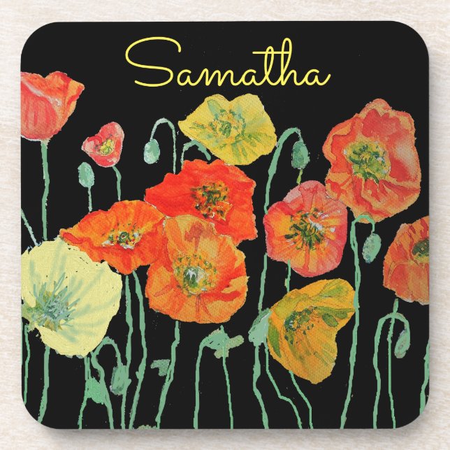Orange and Black Poppies art Red Yellow Floral Coaster (Front)