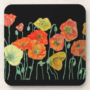 Orange and Black Poppies Flower Plastic Coaster