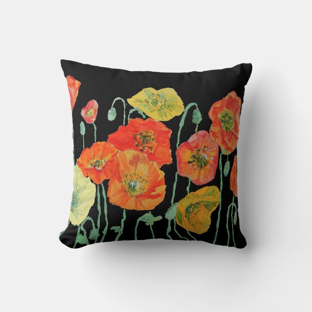 Orange and Black Poppies Poppy art Decor Cushion (Front)