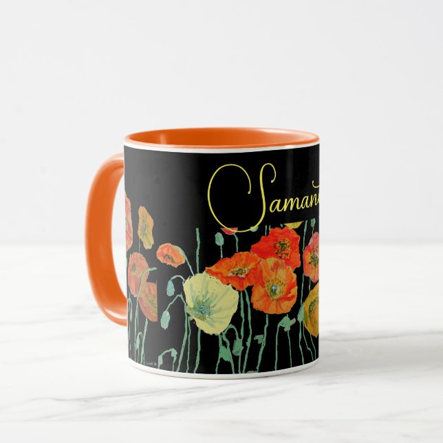 Orange and Black Poppies Watercolor Mug (Front Left)