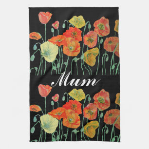Orange and Black Poppies Watercolour Mom Tea Towel
