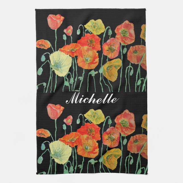 Orange and Black Poppies Watercolour Tea Towel (Vertical)