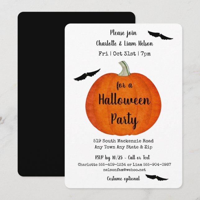 Orange and Black Pumpkin and Bats Halloween Party Invitation (Front/Back)