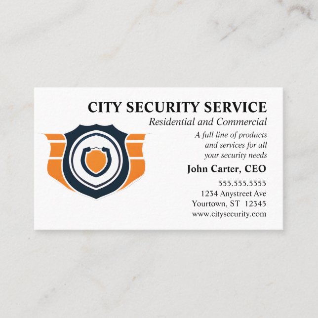 Orange and Black Shield Security Protection Business Card (Front)