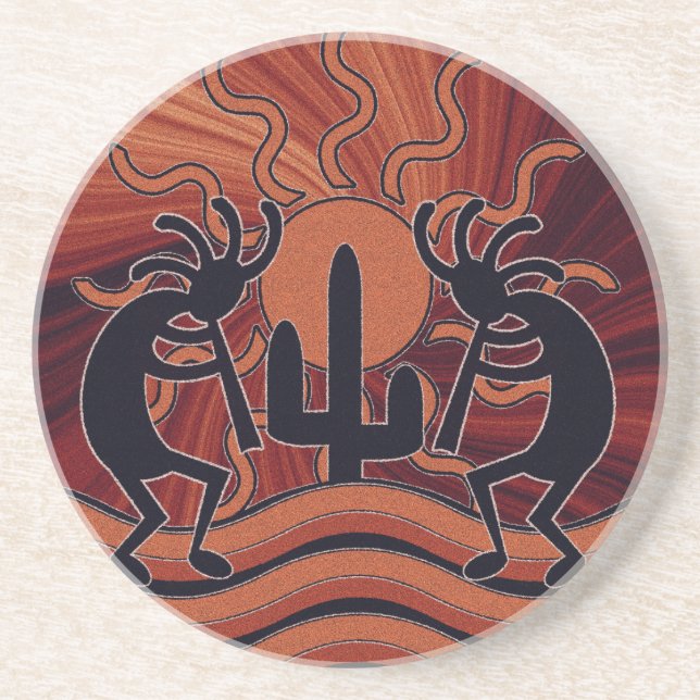 Orange And Black Southwestern Design Kokopelli Coaster (Front)