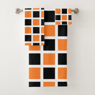Orange and Black Squares White Bath Towel Set