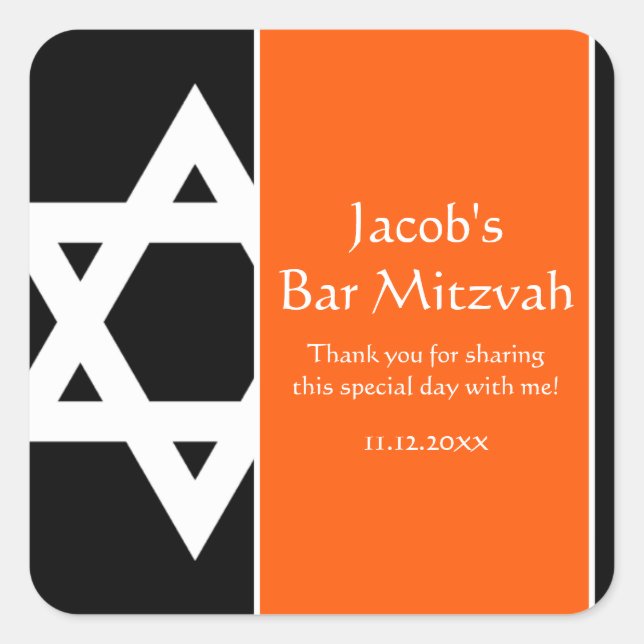 Orange and Black Star of David Bar Mitzvah Favour Square Sticker (Front)