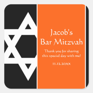 Orange and Black Star of David Bar Mitzvah Favour Square Sticker