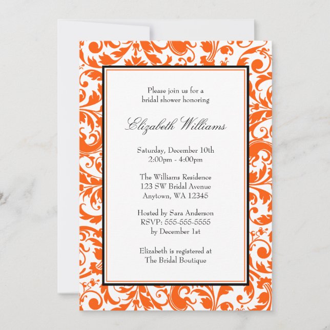 Orange and Black Swirl Damask Bridal Shower Invitation (Front)