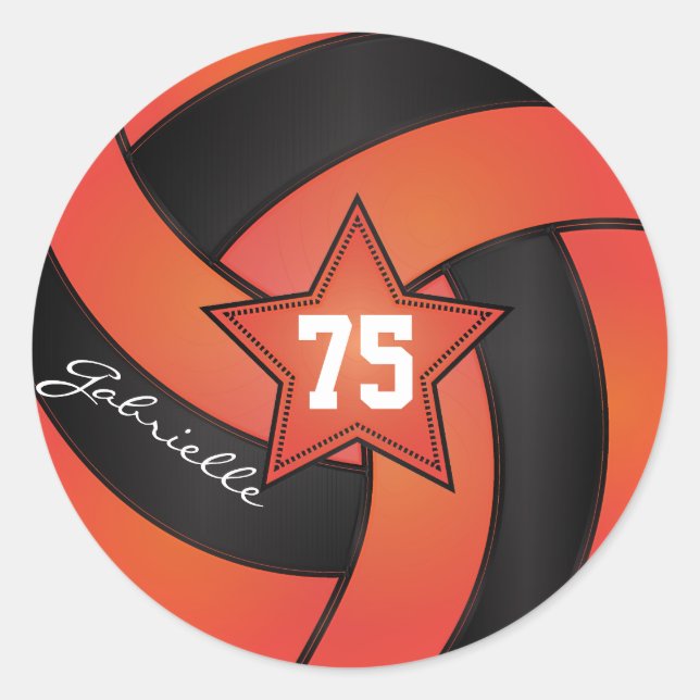 Orange and Black Volleyball | DIY Name & Number Classic Round Sticker (Front)