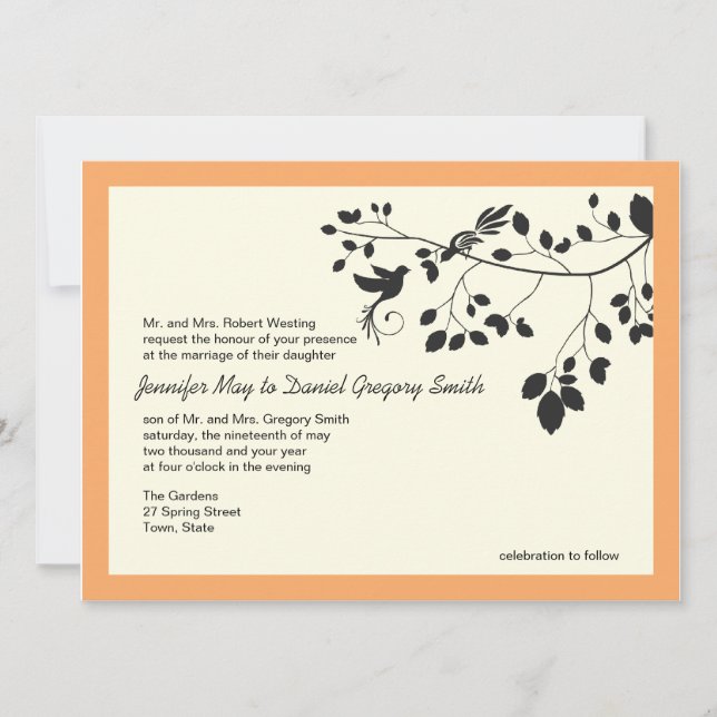 Orange And Black Wedding Invitations Love Birds (Front)