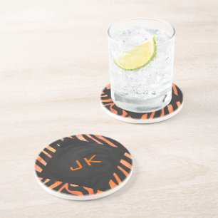 Orange and Black Zebra Monogram Coaster