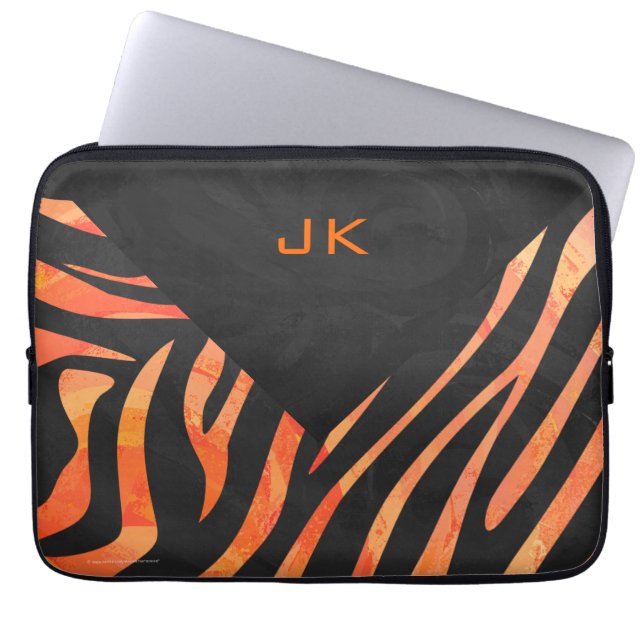 Orange and Black Zebra Monogram Laptop Sleeve (Front)