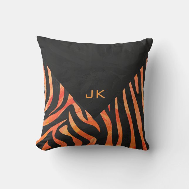 Orange and Black Zebra Monogram Throw Pillow (Front)