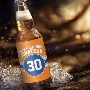 Orange and Blue Birthday Sports Theme Beer Bottle Label