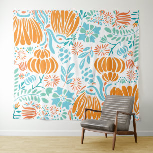 Orange and Blue Boho Floral Tapestry