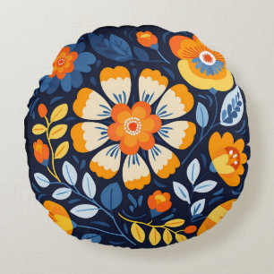 Orange and Blue Bold Retro Floral Illustration Round Pillow