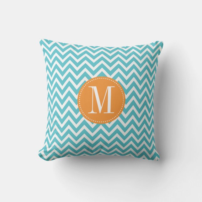 Orange and Blue Chevron Custom Monogram Throw Pillow (Front)