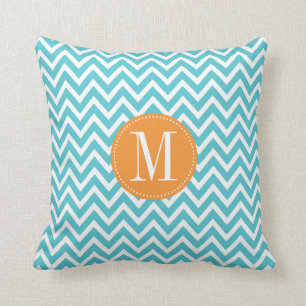 Orange and Blue Chevron Custom Monogram Throw Pillow