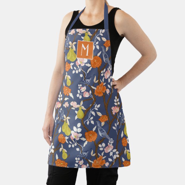 Orange and Blue Chinoiserie Birds Monogram Apron (Insitu)