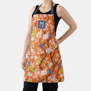 Orange and Blue Chinoiserie Birds Monogram Apron