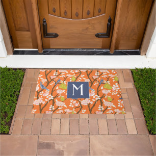 Orange and Blue Chinoiserie Birds Monogram Doormat