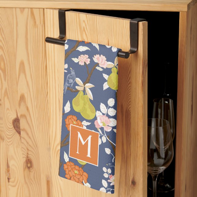 Orange and Blue Chinoiserie Birds Monogram Kitchen Towel (Thirds Fold)