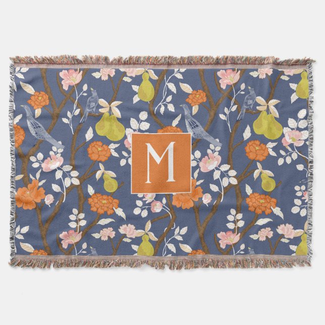 Orange and Blue Chinoiserie Birds Monogram Throw Blanket (Front)