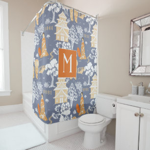 Orange and Blue Chinoiserie Pagodas Monogram