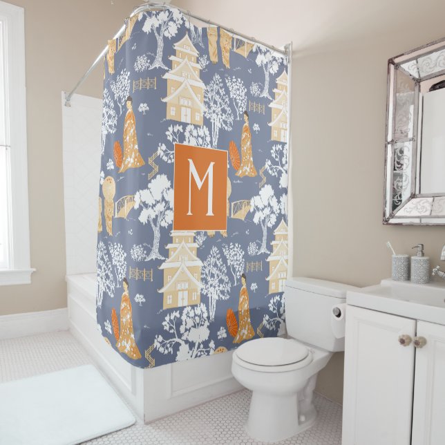 Orange and Blue Chinoiserie Pagodas Monogram (In Situ)