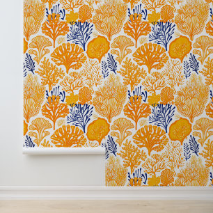 Orange and blue coral coastal pattern wallpaper