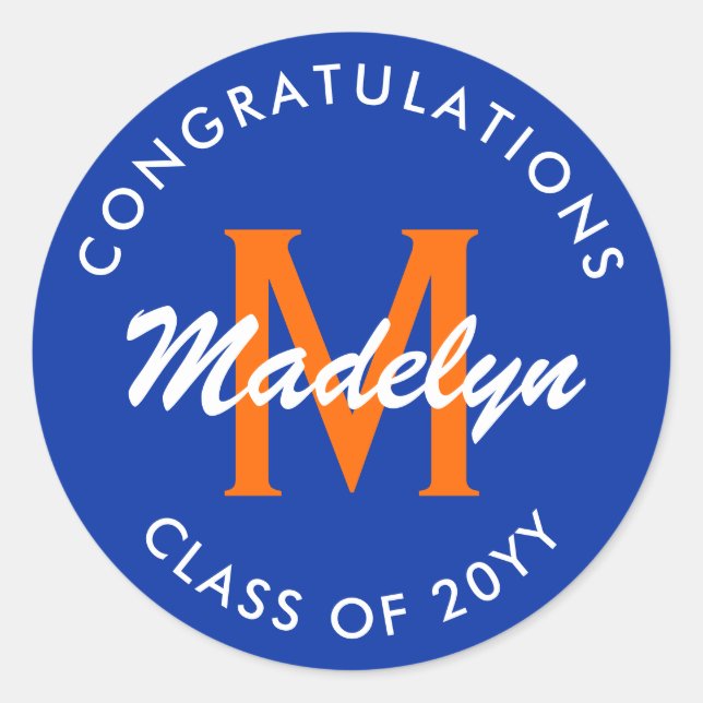 Orange and Blue Custom Graduation Classic Round St Classic Round Sticker (Front)