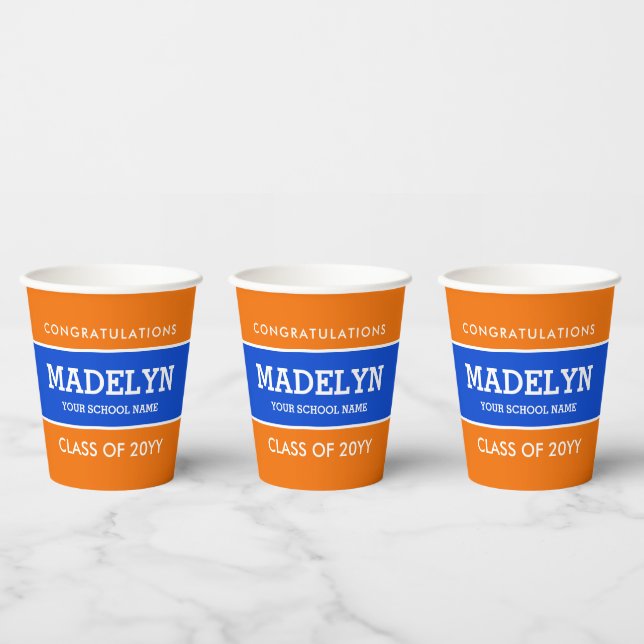 Orange and Blue Custom Graduation Paper Cups (Multi)