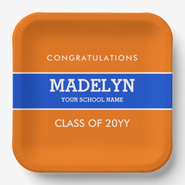 Orange and Blue Custom Graduation Paper Plate (Front)