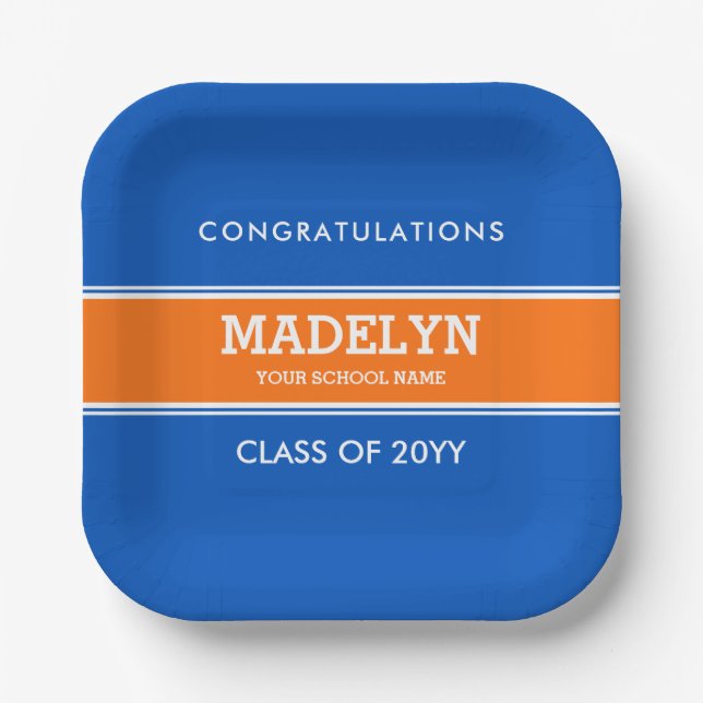 Orange and Blue Custom Graduation Paper Plate (Front)