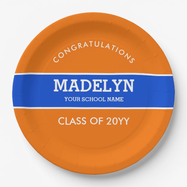 Orange and Blue Custom Graduation Paper Plate (Front)