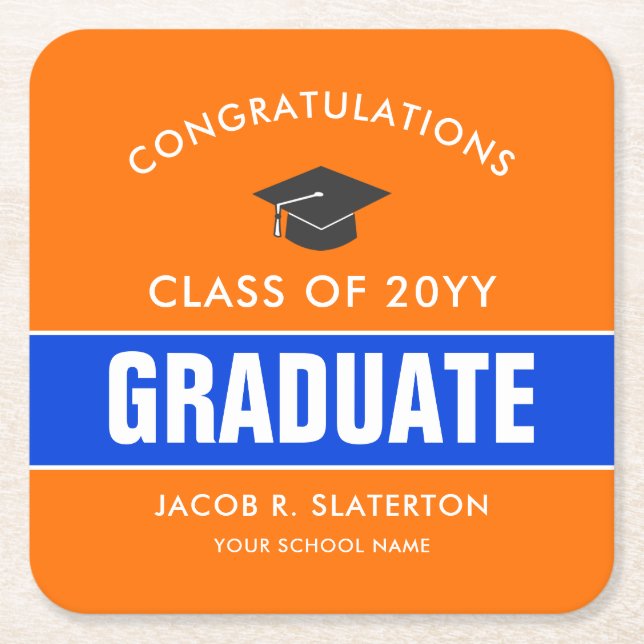 Orange and Blue Custom Graduation Square Paper Coaster (Front)