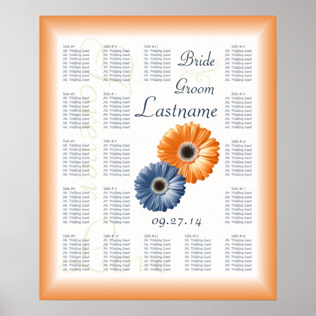 Orange and Blue Daisy Wedding Seating Chart (Front)