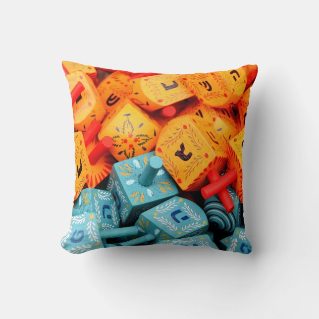 Orange and Blue Dreidels Throw Pillow (Front)