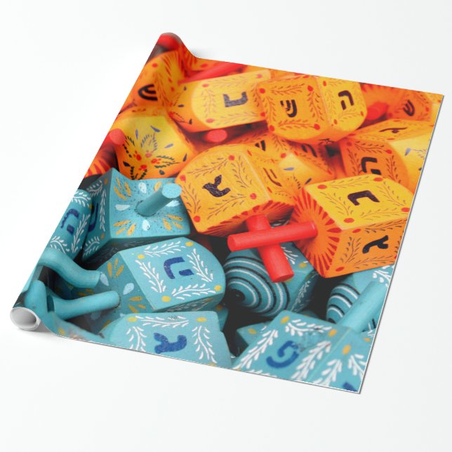 Orange and Blue Dreidels Wrapping Paper (Unrolled)