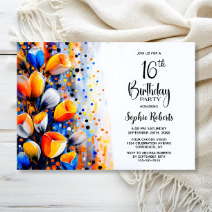 Orange and Blue Floral 16th Birthday Party Invitation