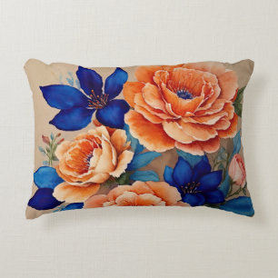 Orange and Blue Floral Accent Pillow