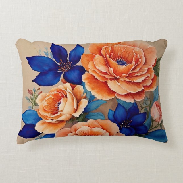 Orange and Blue Floral Accent Pillow (Front)