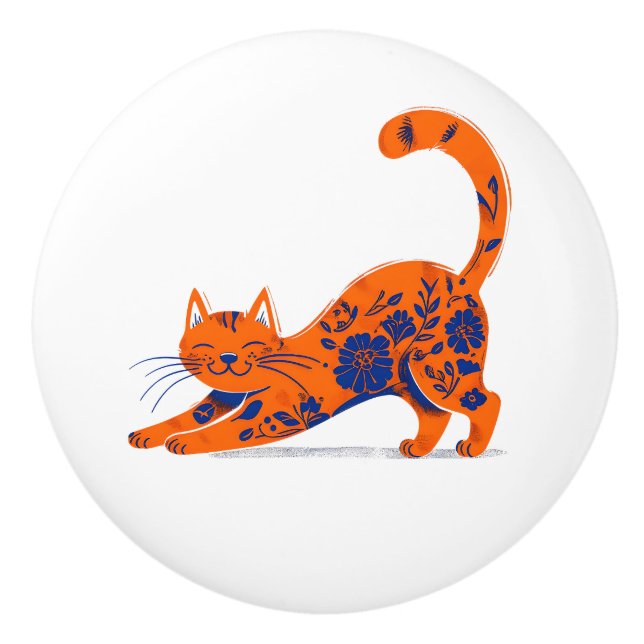 Orange and Blue Floral Cat Door Pull (Front)
